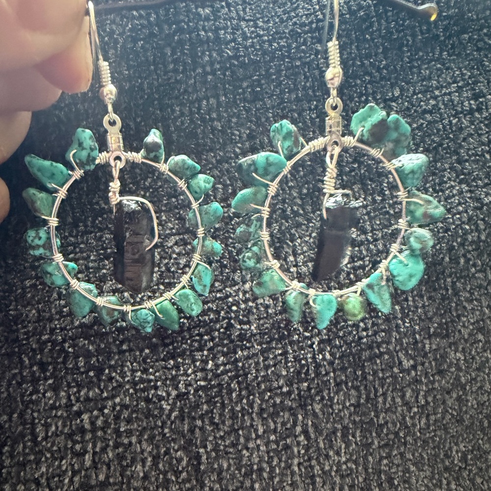 Turquoise and Black Crystal Hoop Earrings